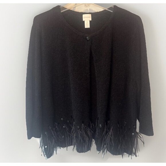 Chicos Black Sequin Feather Camille Wool Blend Cardigan XL Fairy Goth Whimsigoth - Picture 1 of 10